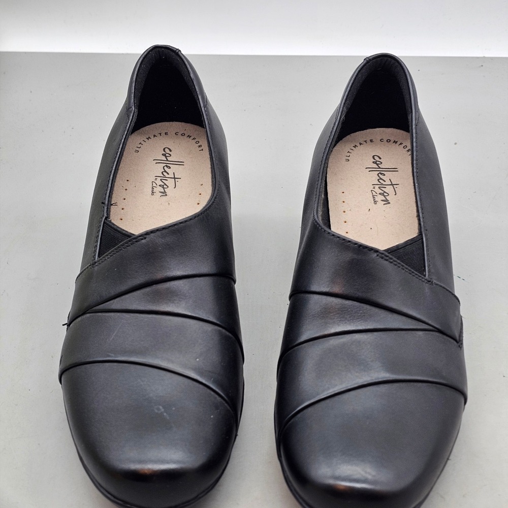 Clarks Emslie Warbler Black Leather Pleated Slip On Block Heel Pumps Mens 8.5 M